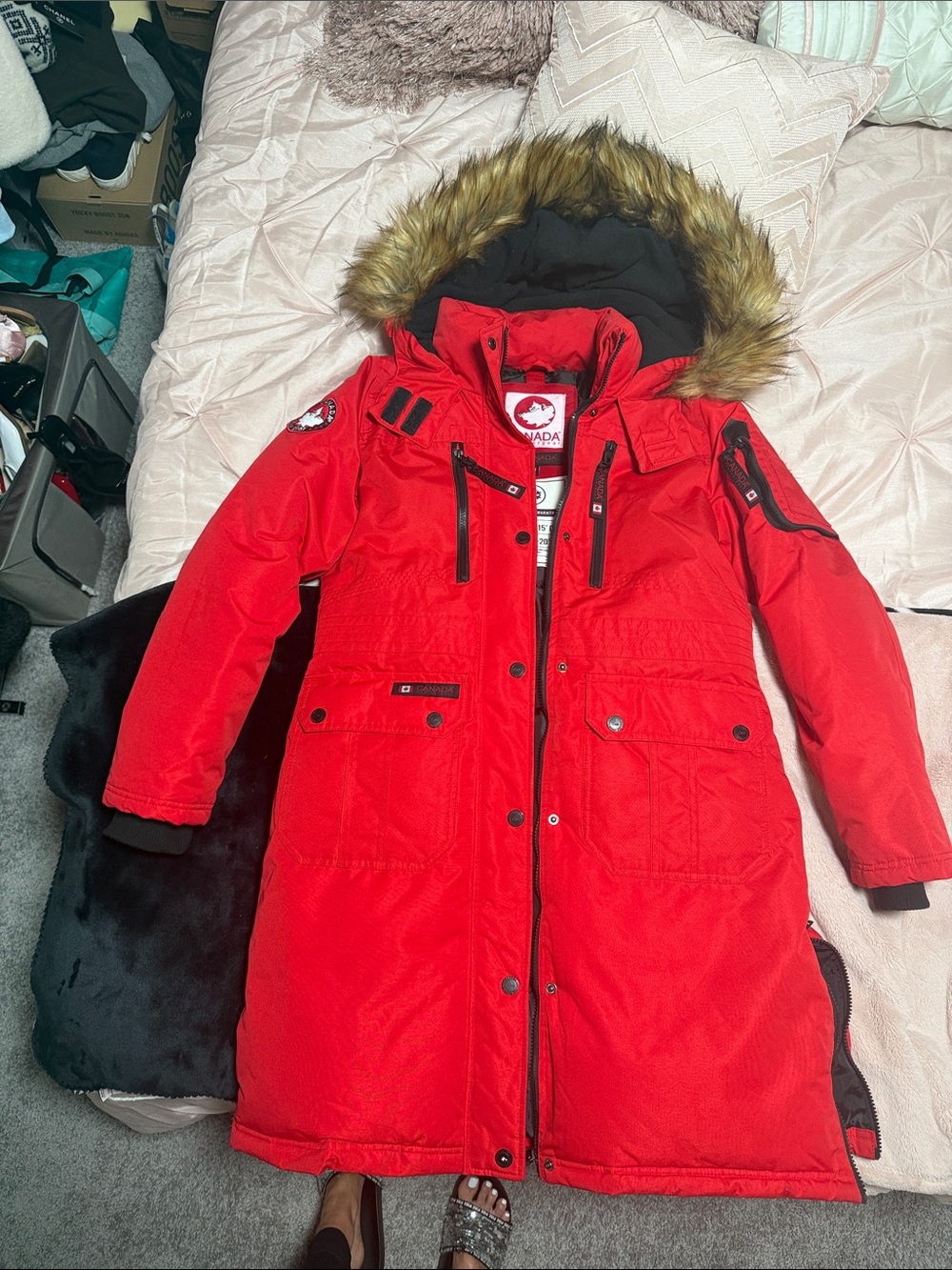 Insulated Red Ski Parka with Faux-Fur Hood - Canada Brand